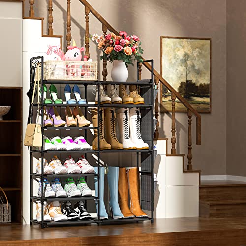 Kottwca 7 Tiers Shoe Rack Metal Shoe Organizer for Entryway Closet, 24-28 Pairs Stackable Shoe and Boots Shelf Storage Cabinet with Hooks and Side Hanging Pockets for Bedroom, Garage, Black - size: 2 Row 7 Tier