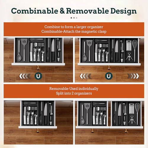 Silverware Organizer Large, Magnetic Connected Expandable 11 Slots Silverware Drawer Organizer from 21 to 37.4 Inches, Adjustable Flatware and Cutlery Holder, Bamboo Utensil Tray for Kitchen Black - color: Black, size: 11 Slots