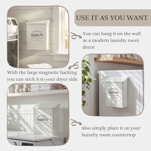 MONJITA Magnetic Lint Bin for Laundry Room, Metal Trash Can with Lid for Dryer, Farmhouse Lint Holder, Laundry Co Sign, Laundry Room Storage Decor with Dryer Lint Brush(White) - color: White