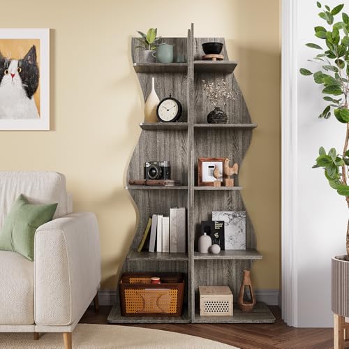 LITTLE TREE 70-Inch Corner Shelf, Seaweed Shaped Etagere Display Bookshelf, Freestanding 5-Tier Wall Shelves for Small Spaces, Living Room, Bedroom, Grey, 1 Pack - color: Grey, size: 1 Pack