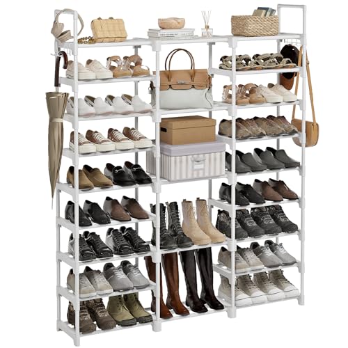WOWLIVE 9 Tiers Large Shoe Rack White Shoe Rack Organizer for Closet 50-55 Pairs Stackable Heavy Duty Shoe Shelf Shoe Storage with Metal Pipes Plastic Connectors - color: White, size: 3 Row 9 Tier