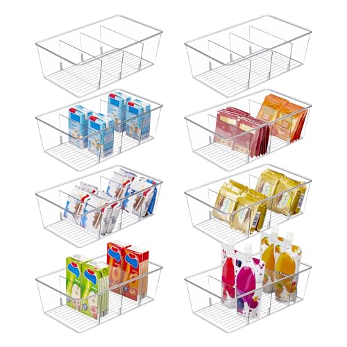 Vtopmart 8 Pack Food Storage Organizer Bins, Clear Plastic Bins for Pantry, Kitchen, Fridge, Cabinet Organization and Storage, 4 Compartment Holder for Packets, Snacks, Pouches, Spice Packets - style: 8pack