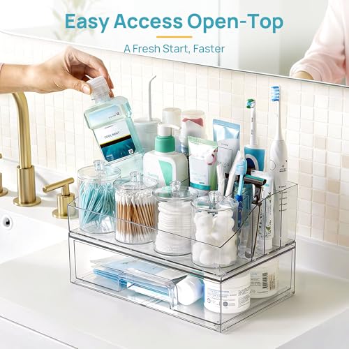 Vtopmart 6 PCS Bathroom Countertop Organizer, 1 Divided Tray with 4 Qtip Holder Jars and 1 Drawers, Restroom Clear Organizers for Toothbrush, Cotton Pads, Vanity Accessories Storage Set - color: Clear
