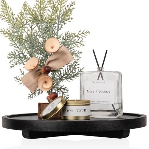 Round Decorative Tray Wood Bathroom Counter Organizer Farmhouse Kitchen Decor Wooden Riser for Soap Dish, Perfume, Candle, Sponge, 12" - Black - color: Black, size: 12"