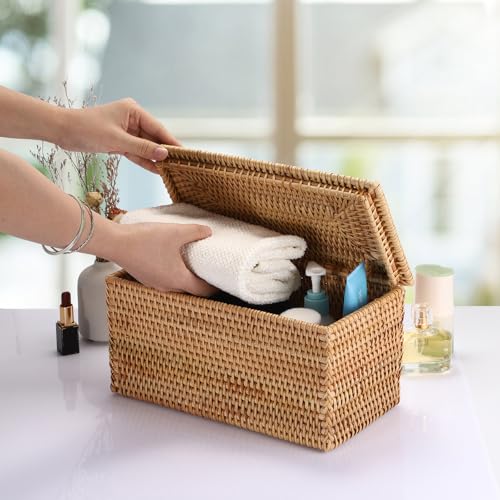 Hipiwe Rattan Basket Box Wicker Storage Bins with Lid Handwoven Wicker Basket Box Lidded Decorative Baskets Rectangular Baskets Bin for Shelf Organizing Home Decor, 11.8"Lx6.2"Wx6.1"H - size: 11.8"L x 6.2"W x 6.1"H, without Handle