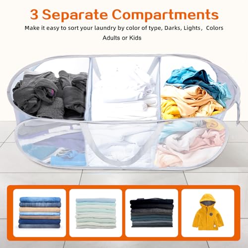 Durable Collapsible Foldable Mesh Pop Up Laundry Basket, 3 Compartments Easy to Carry & Sort Clothes Hampers for Home, Dorm, Travel White - color: White, size: 3 Compartments