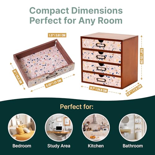 Terrazzo Pattern Wooden Desk Organizer - 4-Drawer Desktop Storage - Modern & Rustic Wood Cabinet for Office Supplies, Craft Tools, & Home Organization - Cute Drawer Unit - color: Pastel Terrazzo