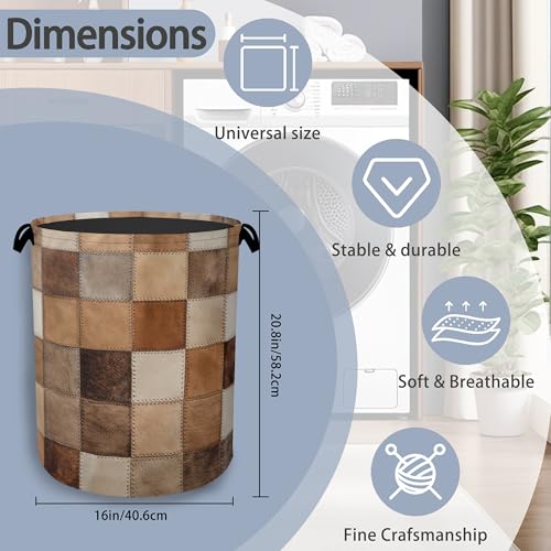 Vintage Cowhide Laundry Basket,Oxford Cloth Laundry Hamper with Handle Foldable Portable Clothes Storage Basket for Bathroom Bedroom Dorm Room 16" x 20.8" - color: Vintage Cowhide