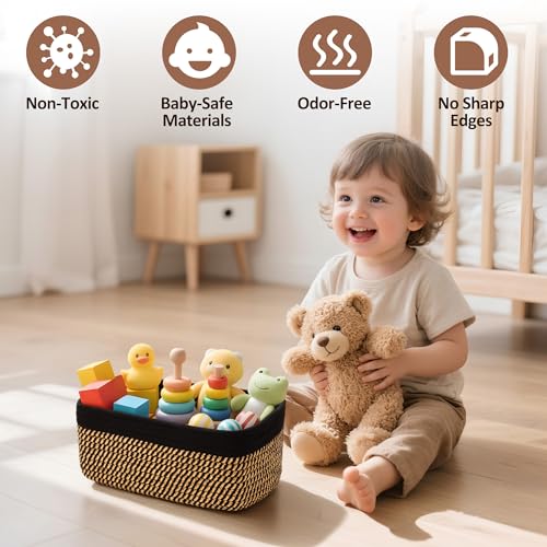 5-Pack Small Woven Rope Storage Baskets – 2 Sizes Organizer Bins for Closet, Shelf, Bookshelf, Nursery, Changing Table, Fabric Cube Boxes, Rectangular Shallow Bins for Bathroom, Toy & Home - color: Black & Gold