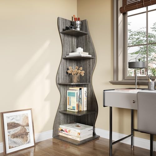 LITTLE TREE 70-Inch Corner Shelf, Seaweed Shaped Etagere Display Bookshelf, Freestanding 5-Tier Wall Shelves for Small Spaces, Living Room, Bedroom, Grey, 2 Pack - color: Grey, size: 2 Pack