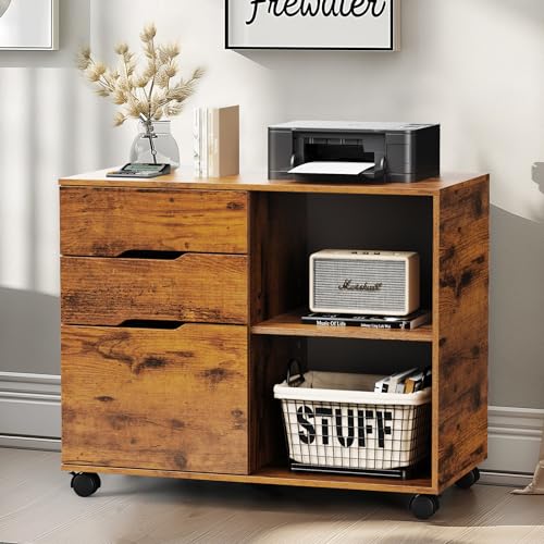 DUMOS Lateral File Cabinet with 3 Drawers Rolling Filing Cabinets Under Desk Storage Printer Stand Wood Organizer with Wheels Adjustable Shelf for Office Home Small Space, Brown - color: Vintage Brown