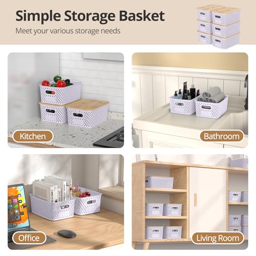 Plastic Storage Bins with Bamboo Lids, Stackable Small Box Baskets for Organizing and Containers for Shelves Drawers Desktop Closet Pantry Classroom Office Home, 6 Pack 10.2"x7.2"x4.1" Lavender - color: Lavender