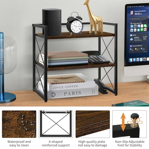 YINMIT Desktop Shelf Organizer, 2 Tier Office Shelves, Wood Desk Organizer Storage Rack and Freestanding Display Shelf for Office, Dormitory, Home - color: Retro