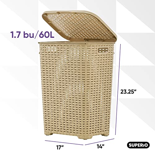 Plastic Laundry Hamper with Lid 2 Pack Laundry Hamper Basket, Beige Tall Cloths Hamper Organizer with Cut-out Handles. Space Saving for Laundry Room Bedroom Bathroom, Wicker Design 60 Liter - color: Beige, size: 2-pack