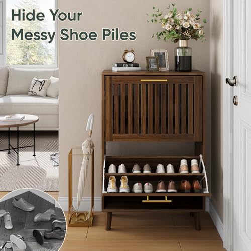 Smart FENDEE Shoe Cabinet Storage for Entryway with 2 Flip Drawers, Slatted Shoe Cabinet with Golden Handle, Wooden Hidden Shoe Rack Freestanding Narrow Slim Shoes Organizer for Hallway, Entrance - color: Walnut, size: 23.62" W