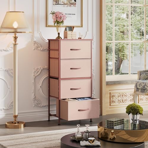 WLIVE 4 Drawers Dresser for Bedroom, Pink Rose Gold Fabric Clothes Storage Organizer Unit, Dresser for Hallway, Entryway, Closets, Sturdy Steel Frame, Wood Top - color: Pink