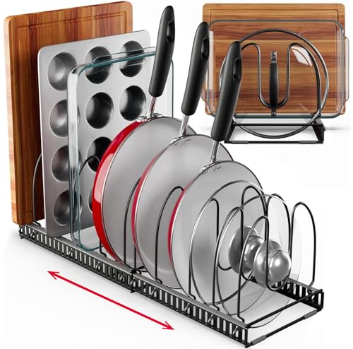 Better Things Home 7.5” Wide 12-Slot Adjustable Large Pan and Pot Lid Organizer with Scratch-Free Pads, Expandable Pot Lid Holder Rack for Cabinet, Pots and Pans Organizer Inside Cabinet - color: Dark Grey, size: PAN & BAKEWARE - 12+ DIVIDERS