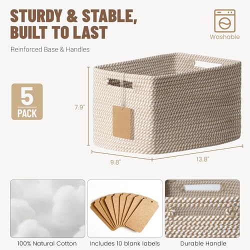 5 Pack Woven Storage Baskets for Shelves, Decorative Basket Organizer Storage Bins for Toys, Books, Clothes, Closet, Nursery, Bathroom – Cotton Rope Shelf Baskets for Organizing and Decor, Khaki - color: Khaki