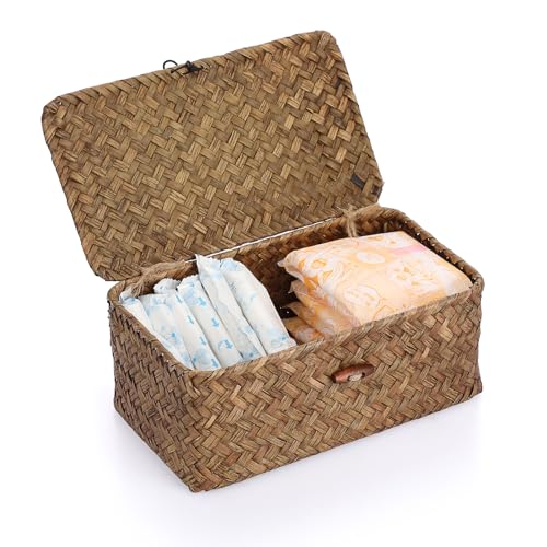 Sumnacon Small Wicker Basket with Lid Rectangle Woven Baskets for Toiletries Tampon Storage,Wicker Storage Basket with Lid,Decorative Seagrass Storage Baskets for Shelf Bathroom Toilet Table, Coffee - color: Coffee, size: X-Small