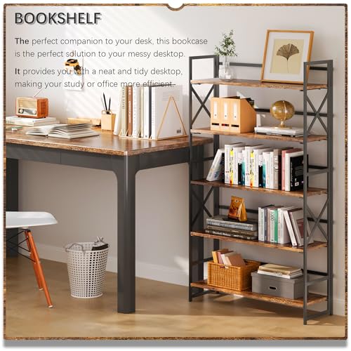 4NM Extra Wide 5 Tiers No Assembly Book Shelves, 51.2" H Folding Bookshelf Bookcase Open Industrial Foldable Shelves for Bedroom, Living Room, Home Office - Rustic Brown Black - color: Rustic Brown Black, size: Wide XX 5-Tier