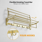 BESy 24 Inch Brushed Gold Towel Racks, Bathroom Towel Shelf with Foldable Towel Bar Holder and Towel Hooks, Wall Mounted Multifunctional Bathroom Accessories, Double Towel Bars - color: Brushed Gold