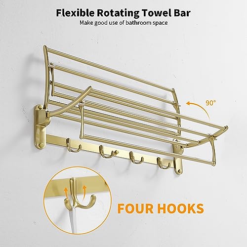 BESy 24 Inch Brushed Gold Towel Racks, Bathroom Towel Shelf with Foldable Towel Bar Holder and Towel Hooks, Wall Mounted Multifunctional Bathroom Accessories, Double Towel Bars - color: Brushed Gold
