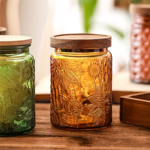 ANSQU Vintage 23.7oz Glass Jar with Solid Wood Lid - Airtight Storage for Loose Tea, Coffee, Candy, Cookies, Laundry Detergent - Decorative Kitchen Jar, Cute & Functional (Yellow, 1 Pack) - color: Yellow, size: 23.7 Ounces