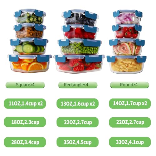 HOMBERKING 24pc Glass Food Storage Containers with Lids, Glass Meal Prep Containers, Airtight Bento Boxes, BPA Free & Leak Proof, Pantry Kitchen Storage(12 lids & 12 Containers) - Deep Blue - color: Deep Blue