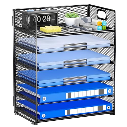 6-Tier Paper Organizer for Desk with Handle, Heavy Duty Metal File Organizer | Stackable Desktop Organizer for Office Supplies, Documents and Stationery Storage - color: Black, size: 12.6" x 9.1" x 13.5"