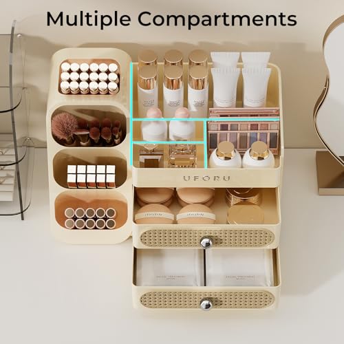 Makeup Organizer for Vanity with Brush Holder, Large Plastic Bathroom Countertop Skincare Organizer with 2 Drawers, Spacious Cosmetic Display Case for Perfumes, Eyeshadow Palettes, Nail Polishes - color: Beige, size: Large