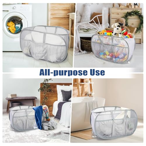 2 Pack Collapsible Laundry Baskets, Upgrade Pop Up Laundry Hamper with Convenient Bags, Foldable Laundry Basket Mesh Light Weight, Easy to Carry Clothes Hampers for Laundry, Dorm, Toys, Travel Grey - color: 2xGrey