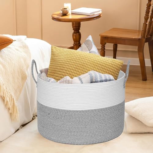 21" x 18" Extra Large storage baskets,Decorative blanket basket with lid for Living room,rope baskets with lid,wicker hamper for bedroom,Big,Round,White & Grey 115L - color: White & Grey