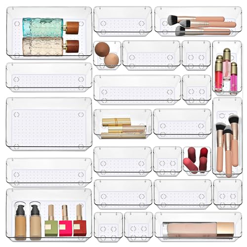 Masirs Clear Drawer Organizers Set 25 PCS – Plastic Storage Bins for Desk, Kitchen, Bathroom, Vanity – Modular, Stackable, Non-Slip Drawer Organizer Trays for Makeup, Utensils, Office Supplies - size: 25-Piece Set