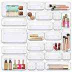 Masirs Clear Drawer Organizers Set 25 PCS – Plastic Storage Bins for Desk, Kitchen, Bathroom, Vanity – Modular, Stackable, Non-Slip Drawer Organizer Trays for Makeup, Utensils, Office Supplies - size: 25-Piece Set