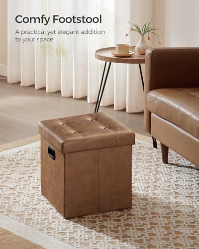 SONGMICS Mazie Collection - 15 Inches Ottoman with Storage, Footstool, Storage Ottoman with Metal Handles, Load 660 lb, for Dorm, Living Room, Bedroom, Synthetic Leather, Coffee Brown ULSF030K01 - color: Coffee Brown, size: 15"D x 15"W x 15"H