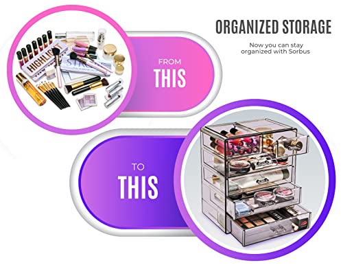 Sorbus Acrylic Makeup Organizer Set, 6-Drawer Vanity & Countertop Cosmetic Storage with Small & Wide Drawers, Purple Makeup Storage for Brushes, Lipsticks, Jewelry – Holiday Gift for Women & Teens - color: Purple, style: 4 Large, 2 Small Drawers