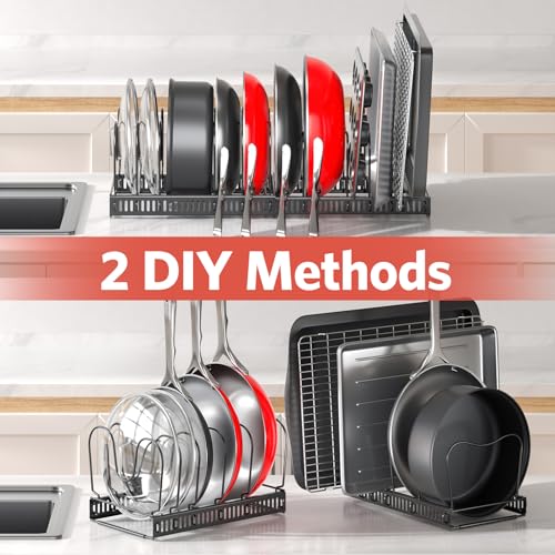 ORDORA Pots and Pans Organizer under Cabinet, Expandable 11.8"-22.8" Pot Lid Holder with 12 Adjustable Dividers, Pan Organizers inside Cabinet for Kitchen Cookware Bakeware, Black - color: Black, size: 12 Dividers