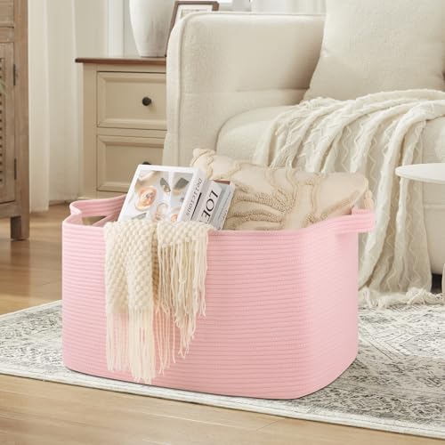 OIASKET 95L Extra Large Blanket Basket, 24" x 16.9" x 14.2" Woven Storage Basket for Living Room, Rectangle Nursery Blanket Storage for Toys, Towels, Dirty Clothes (Pink) - color: Pink, size: 24"x16.9"x14.2"
