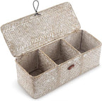 3 Section Seagrass Storage Basket, Handmade Shelf Baskets with Lid for Bathroom/Closet/Livingroom - color: Whitewash 3 Section with Lid