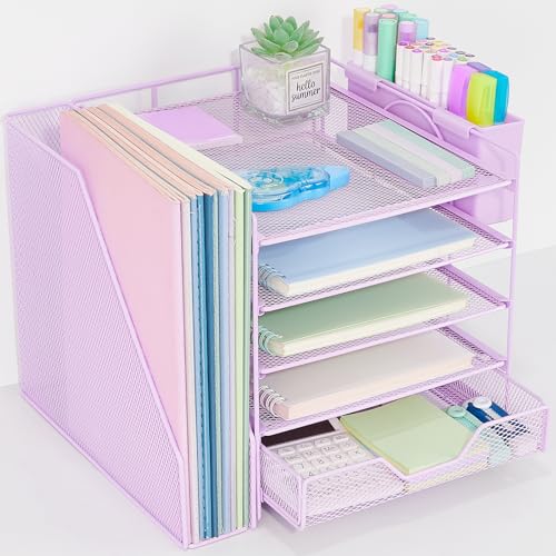 Desk Organizer, 5-Tier Paper Letter Tray Organizer with File Holder, Drawer and Pen Holder, Desktop Organizer for Office Supplies, Purple - color: Purple