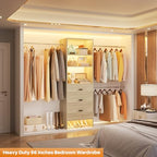 Homieasy 96 Inches Closet Organizer System, 8FT Customizable Walk In Closet Organizer with Hanging Rods, 3 Leather Handle Drawers Garment Rack, 96" L x 16" W x 75" H, Max Load 1000 LBS, White Oak - color: White Oak