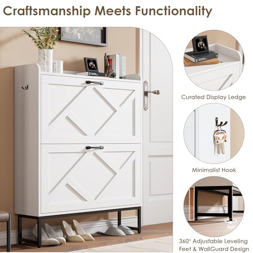 Nicetree Shoe Cabinet with 2 Flip Drawers, Freestanding Shoe Organizer, Shoe Cabinet with Metal Legs, Narrow Shoe Rack Cabinet for Entryway, Foyer, Hallway, White - color: Alabaster, style: 2-Drawers