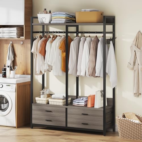 Tribesigns Freestanding Closet Organizer for Hanging Clothes, Heavy Duty Garment Rack with 4 Drawers, 8 Hooks and Storage Shelves, Wardrobe Closet Clothing Rack for Bedroom, Living Room, Grey - color: Gray