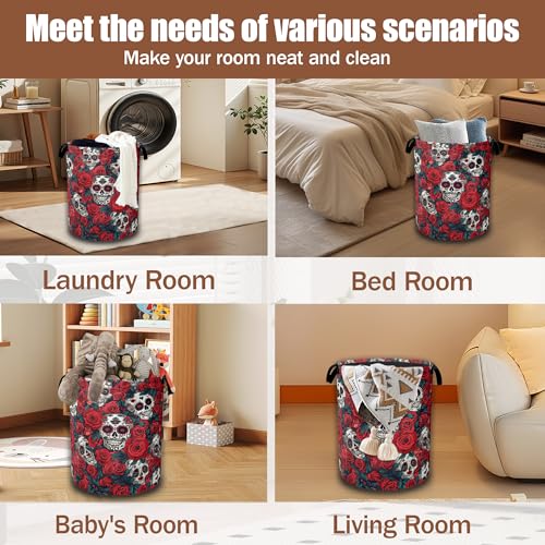 Skull Red Rose Laundry Hamper,Flowers Skeleton Laundry Baskets,Waterproof Oxford Cloth Toy Storage for Bedroom,Bathroom,Nursery,16x20.8 Inch - color: Skull Red Rose,Flowers Skeleton