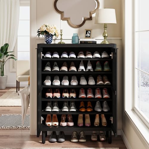 Tribesigns 6-Tier Shoe Cabinet with Shutter Doors, Large Wooden Shoe Organizer Rack with Adjustable Shelves, Modern Farmhouse Hidden Storage Furniture for Entryway, Hallway (Black) - color: Black