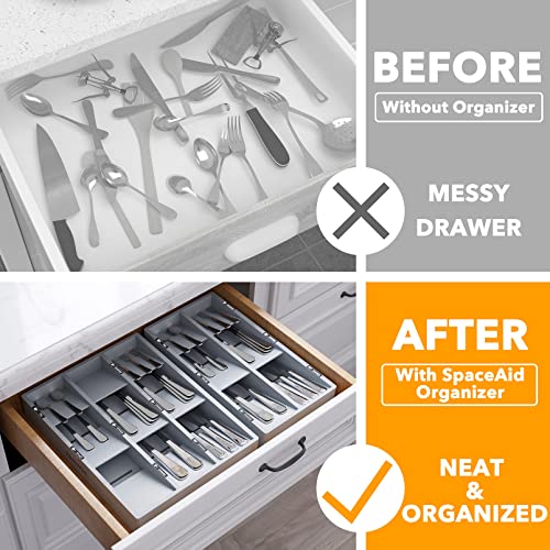 SpaceAid Bamboo Silverware Drawer Organizer with Labels, Kitchen Utensil Tray Holder Organizer for Flatware, Cutlery, Spoon and Knives Drawer Storage Organization (Gray, 6 Slots) - color: Gray