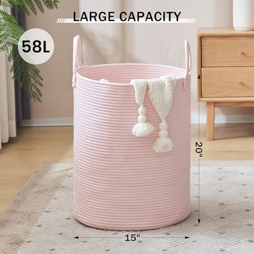 YOUDENOVA Woven Rope Laundry Hamper, 58L Tall Luandry Basket, Baby Nursery Hamper for Blanket Storage in Bedroom-Large-Pink - color: Pink, size: Tall (58L )