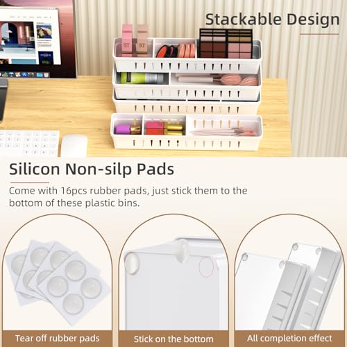 Desk Drawer Organizer Tray 4 PCS Plastic Office Drawer Organizer Bins Junk Organizer Divider with Non-Slip Silicone Pads, Makeup Vanity Organizer for Drawer, White - style: Adjustable