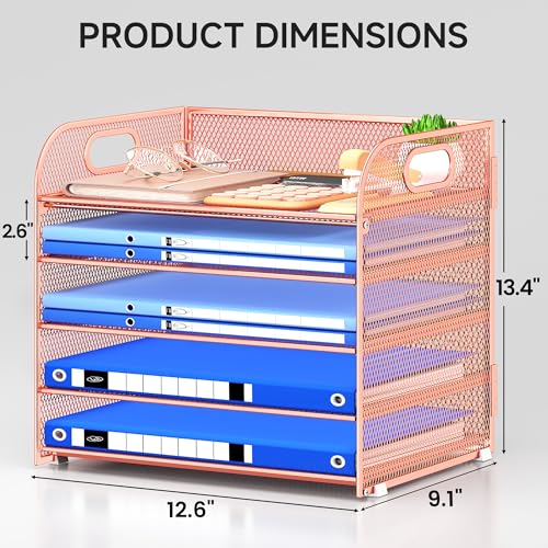 Paper Organizer Letter Tray with Handle Mesh 5 Trays Desk File Organizer Paper Sorter Desk Organizer for Office, Home or School-Rose Gold - color: Rose Gold, size: 12.6" x 9.1" x 13.4"