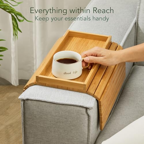 DETOR Couch Tray with Spacious 12.4" x 5.4" Storage Box, Natrual Bamboo Finish, Enhanced Non-Slip Felt Bottom, Sturdy Bamboo Slats, Fits Armrests 6" and Wider - color: Natural
